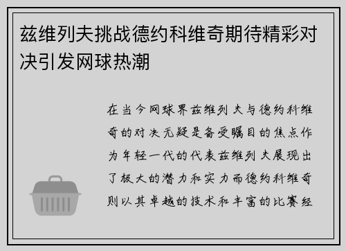 兹维列夫挑战德约科维奇期待精彩对决引发网球热潮