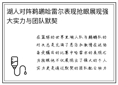 湖人对阵鹈鹕哈雷尔表现抢眼展现强大实力与团队默契
