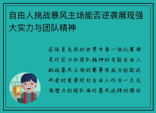 自由人挑战暴风主场能否逆袭展现强大实力与团队精神